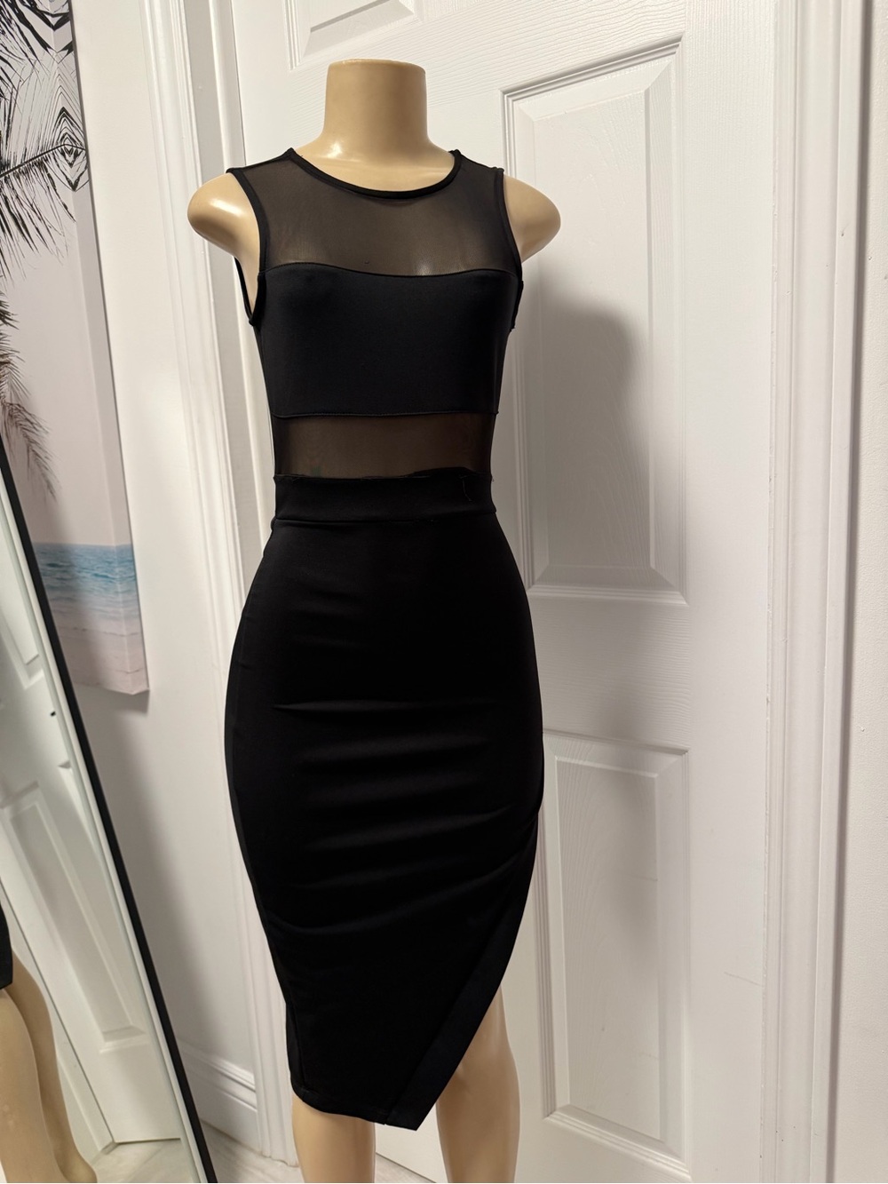 Sleeveless Black Mesh Panel Bodycon Dress